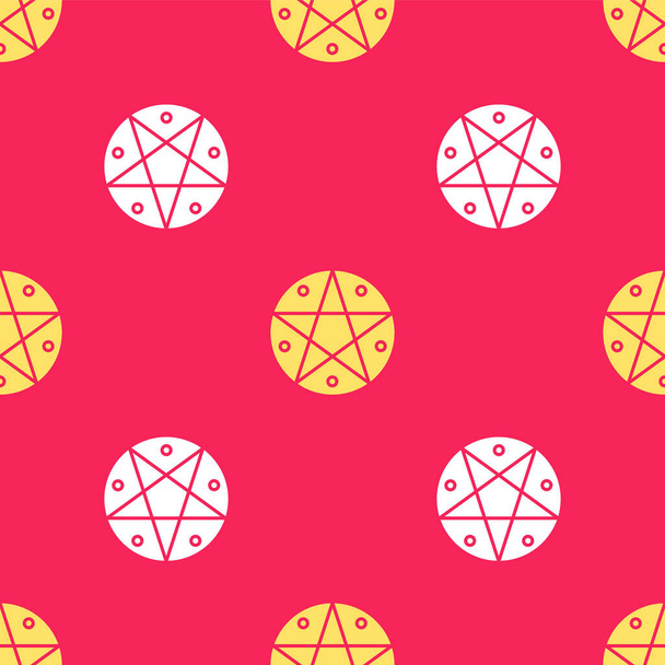 Pentagramme jaune dans une icône de cercle isolé motif sans couture sur fond rouge. Symbole magique d'étoile occulte. Illustration vectorielle
 - Vecteur, image