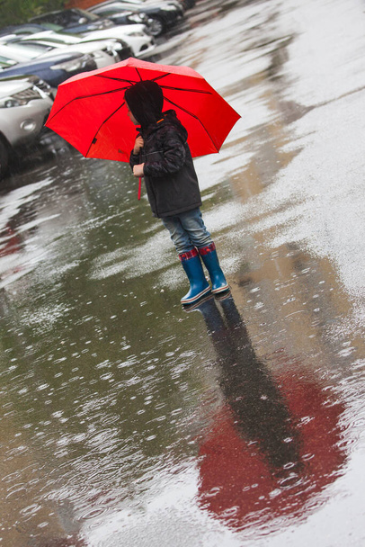 El niño camina bajo la lluvia torrencial
 - Foto, imagen