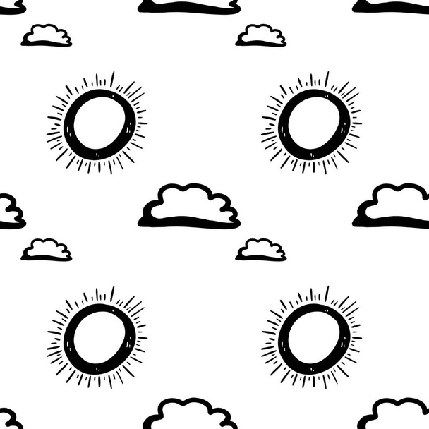 Niedliche minimalistische skandinavische quadratische Wolkenmuster nahtlos. Digitale Kunstkritzelumrisse auf weißem Hintergrund. Druck für Kinderzimmer, Karten, Einladungen, Poster, Karten - Foto, Bild
