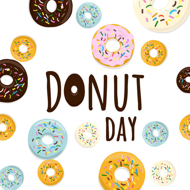 Sweet donut set of traditional american sweet dessert in cartoon style isolated on a white background with text Donut day, Vector - Vektör, Görsel