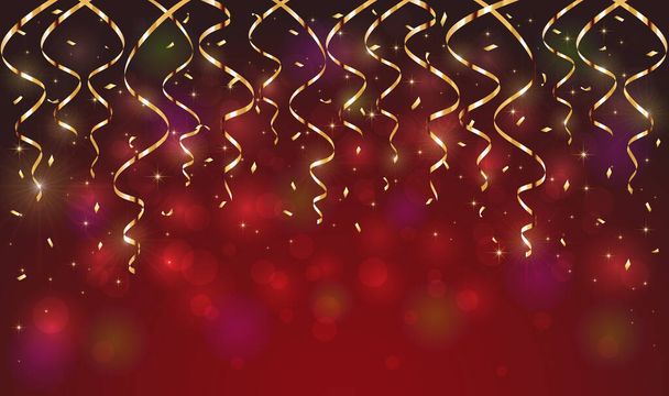Decoración navideña brillante. Oro Navidad o cumpleaños serpentinas y confeti sobre un fondo de brillo rojo. La ilustración se puede utilizar para el diseño de vacaciones, carteles, tarjetas, sitio web, pancartas
. - Vector, Imagen
