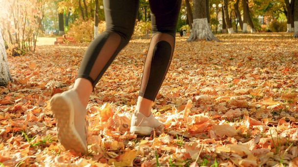 秋の公園で黄色の木の葉の上を走る女性の足のイメージ - 写真・画像