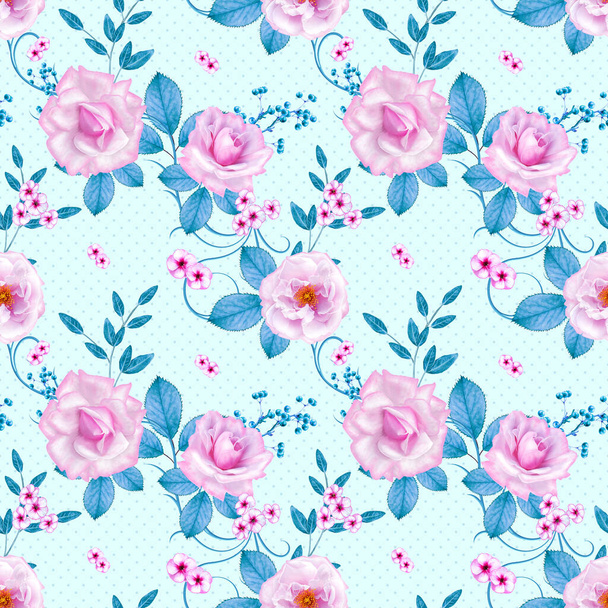 Delicate beautiful pink, lilac roses, blue pastel foliage, clusters of berries, flower arrangement, realism, seamless pattern - Foto, Imagen