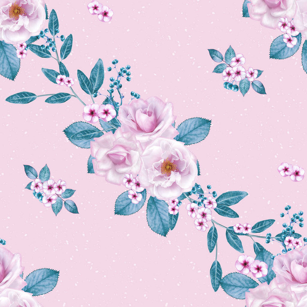 Delicate beautiful pink, lilac roses, blue pastel foliage, clusters of berries, flower arrangement, realism, seamless pattern - Foto, imagen