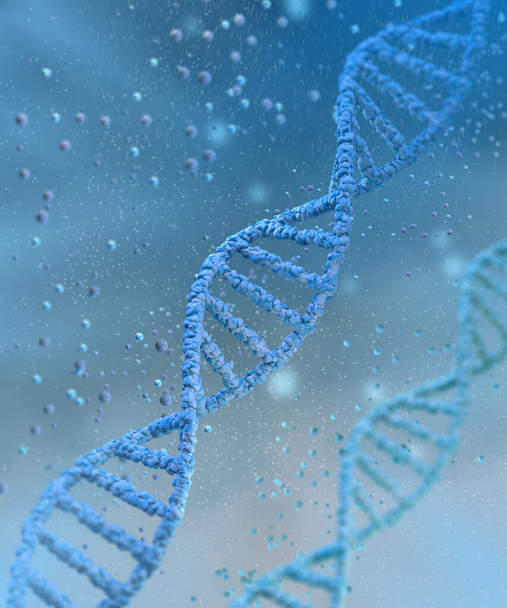 チェーン、青い背景のDNAコード、医療背景、イノベーションコンセプト、 3Dレンダリング - 写真・画像