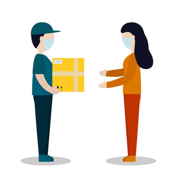 Flat vector illustration of express delivery service, courier service, delivery of goods, ordering food via the Internet.The courier hands the parcel to the recipient. Free shipping, online shopping, - Vector, Image