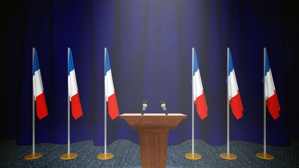 Conferenza stampa del premier ministro della Francia concetto, Politica della Francia. Tribuna dei diffusori a podio con bandiere canadesi e stemmi. rendering 3d
 - Foto, immagini