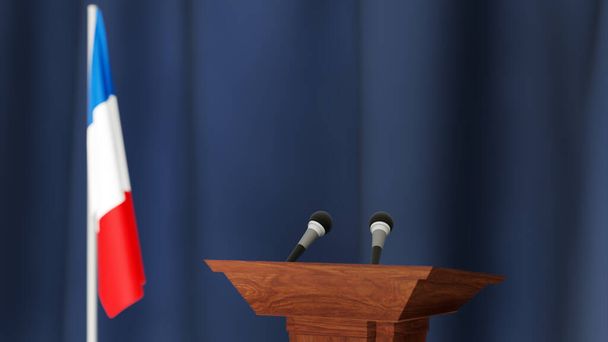 A francia miniszterelnök koncepciójának sajtótájékoztatója, Politika of France. Pódium hangszóró tribunus kanadai zászlókkal és címerrel. 3D-s renderelés - Fotó, kép