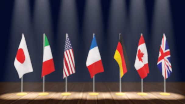 Vertice del G7 o concetto di riunione. Riga delle bandiere dei membri del gruppo G7 di sette e elenco dei paesi, illustrazione 3d - Foto, immagini