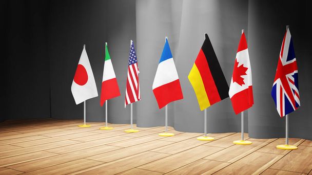 G7首脳会議や会議のコンセプト。G7 7カ国の旗からの行と国のリスト、 3Dイラスト - 写真・画像