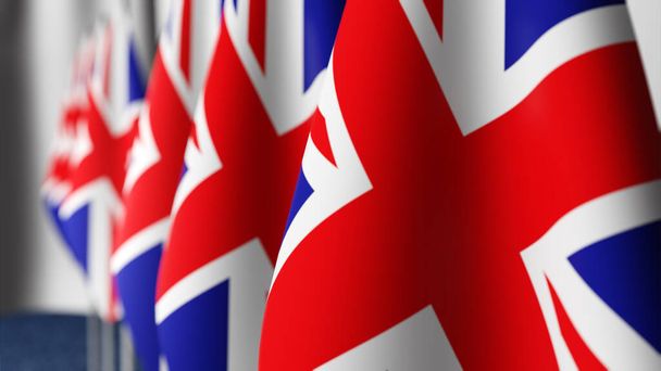 Conferencia de prensa del Primer Ministro del Reino Unido Concepto, Política del Reino Unido. Portavoz del podio tribuno con banderas del Reino Unido y armas de escudo. renderizado 3d
 - Foto, imagen