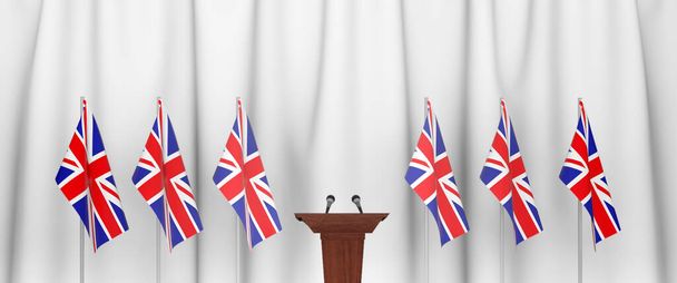 Az Egyesült Királyság miniszterelnökének sajtótájékoztatója, Politics of United Kingdom. Podium hangszóró tribunus Egyesült Királyság zászlók és kabát fegyverek. 3D-s renderelés - Fotó, kép