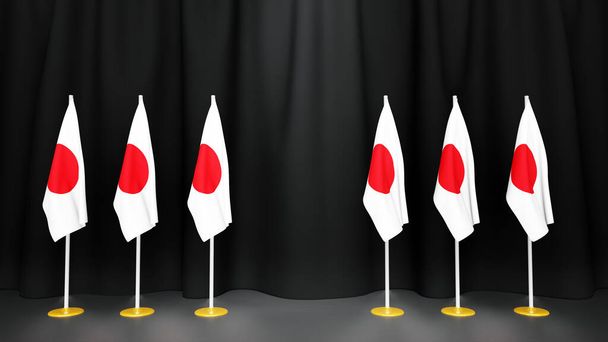 Japán miniszterelnöki koncepciójának sajtótájékoztatója, Japán politikája. Pódium hangszóró tribunus zászlókkal és kabát karokkal. 3D-s renderelés - Fotó, kép