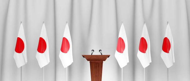 Conferencia de prensa del primer ministro de Japón concepto, Política de Japón. tribuna de altavoces de podio con banderas y armas de escudo. renderizado 3d
 - Foto, Imagen