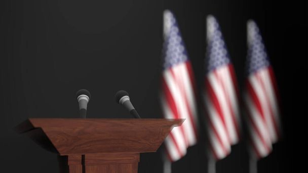 Az USA koncepciójának elnöke sajtótájékoztatója, Politika of USA. Pódium hangszóró tribunus Németország zászlók és kabát fegyverek. 3D-s renderelés - Fotó, kép
