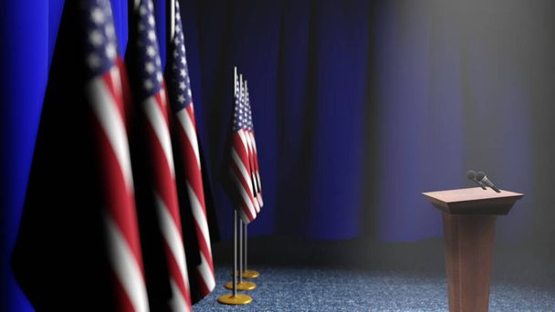 Пресс-конференция президента США Концепция, Политика США. Трибуна спикера пьедестала почета с флагами Германии и гербом. 3d-рендеринг
 - Фото, изображение