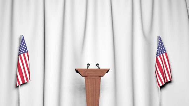 Прес-конференція президента США концепції, політика США. Тріб'юн промовця подіуму з німецькими прапорами та гербом. 3d рендеринг - Фото, зображення