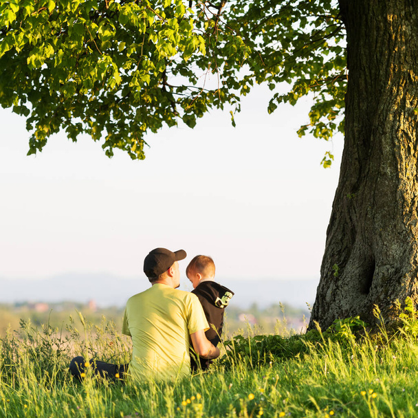 春の牧草地で息子とお父さんは木の下に座って - 写真・画像