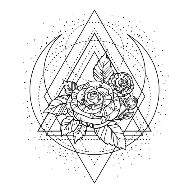 rose flower with sacred geometry frame. Tattoo, mystic symbol. Boho print, poster, t-shirt. textiles. Zen for anti stress book. Hand-drawn, retro card design. Isolated vector illustration. - Vector, afbeelding