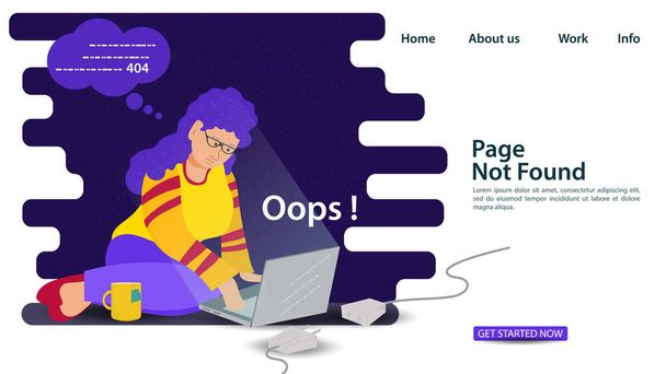 Banner, Oops, 404 error page not found, Internet connection problems, Girl on her knees sitting in front of an enabled laptop for websites and mobile apps, Flat vector illustration - Vector, Image