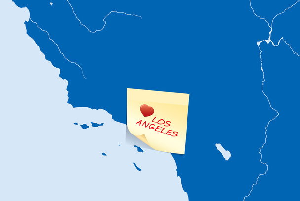 EUA mapa com cartão de nota stick amarelo com Eu amo texto de Los Angeles
 - Vetor, Imagem