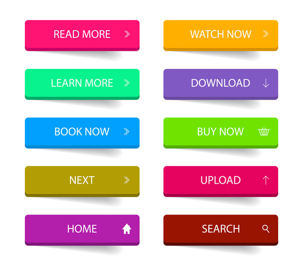 Flat web button for design ui. Action call icon for navigation in app. Graphic buttons with learn more, read, download text for menu on website page. Infographic sign collection. vector - Vektor, obrázek