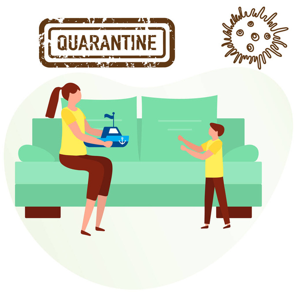 Vector illustration Stay home Parent plays with baby. Coronavirus Quarantine. Pandemic. Social distancing. Separation. China virus COVID-19. Health care. Reducing risk of infection prevention measures - Вектор, зображення