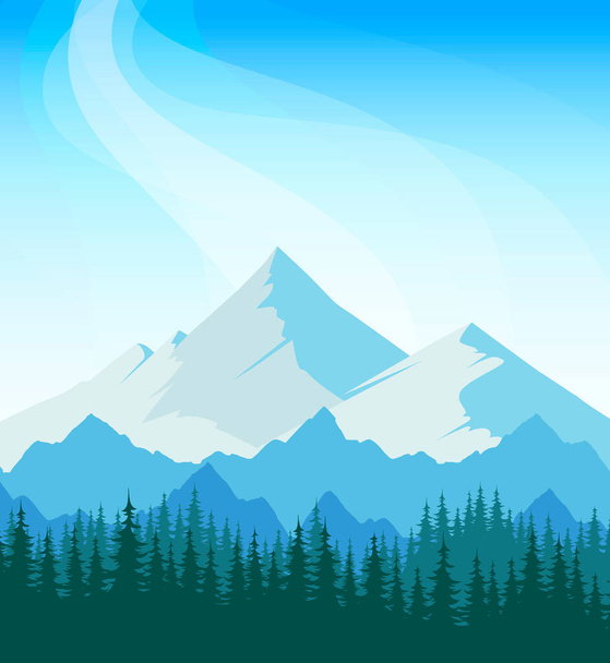 Berglandschaft Hintergrund mit blauem Himmel und Wald. Vektorgrafische Darstellung der Natur mit Kopierraum für Reiseunternehmen. - Vektor, Bild
