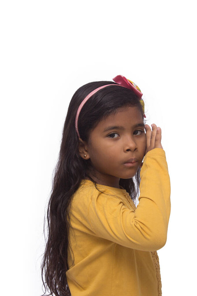 black girl in yellow shirt playing, photo with white background - Photo, Image