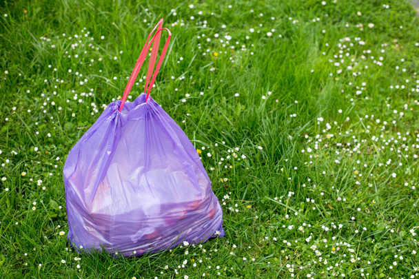 Varios bolsa de basura negro se encuentran en la hierba en el parque
. - Foto, imagen