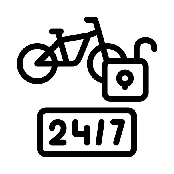 24-Stunden-Fahrradverleih-Dienste. 24-Stunden-Fahrradverleih-Service-Schilder. Isolierte Kontursymboldarstellung - Vektor, Bild