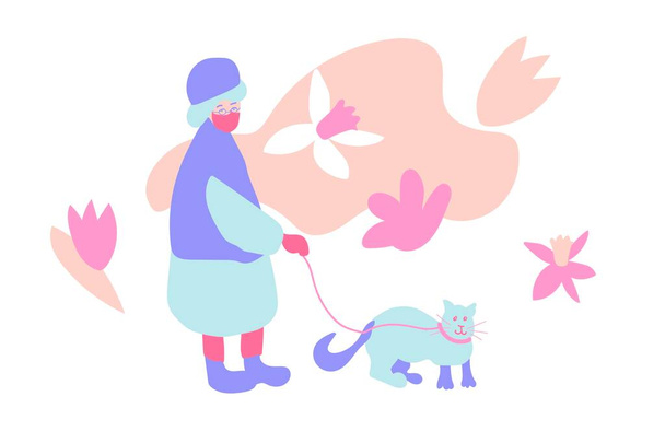 Een oudere vrouw loopt met een kat op een witte achtergrond.Lente llustratie met een volk en een dier in platte stijl in de kleuren roze en blauw. Ontwerp voor banners, posters, web, sociale netwerken. - Vector, afbeelding