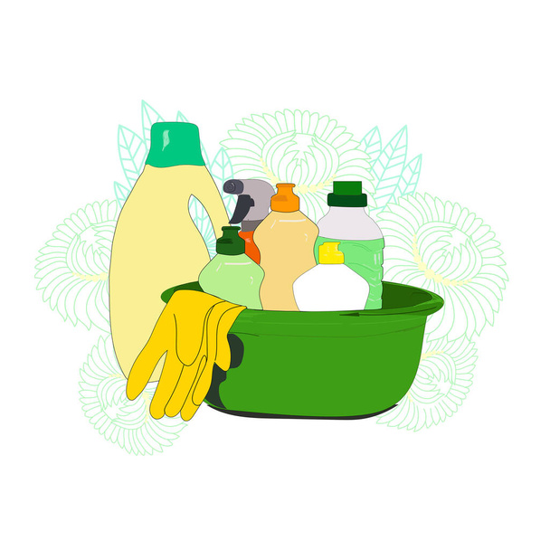 Yellow rubber gloves and detergents for cleaning, spray bottle, rinse aid, on the flowers background.Vector illustration of household items and cleaning tools for banner, website, infographic.  - Vector, Image