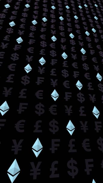 Ethereum crystal and currency on a dark background. Digital crypto currency symbol. Business concept. Market Display. 3D illustration - Photo, Image