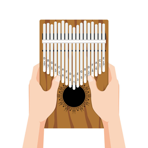 Kalimba egy 17 kulcsos hüvelykujj zongora. Kezek tartják és játszanak afrikai hangszeren. Ujj zseb hordozható zongora. Vektor rajzfilm lapos stílusú illusztráció elszigetelt fehér háttér - Vektor, kép