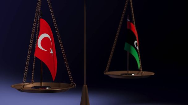 Σημαίες της Τουρκίας και της Λιβύης στα κύπελλα της ζυγαριάς σε μπλε φόντο. 3d απόδοση - Φωτογραφία, εικόνα