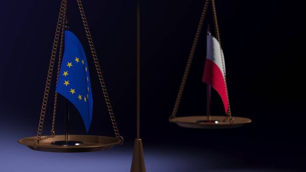 バランスのボウルに欧州連合(EU)とポーランドの旗は、青の背景に拡大します。3Dレンダリング - 写真・画像