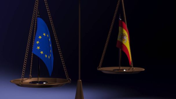 Vlaggen van de Europese Unie en Spanje op de schalen van de weegschaal op een blauwe achtergrond. 3d destructie - Foto, afbeelding