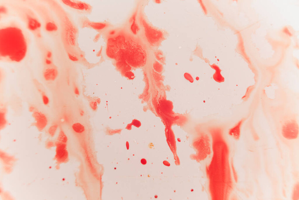 Fresh red blood splat on white porcelain with specks from the impact. Copy space area for horror themed concepts and ideas. macro - Fotoğraf, Görsel