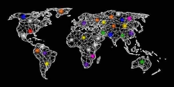 Web Wire Frame Karte der Welt mit bunten Lichtpunkten - Vektor, Bild