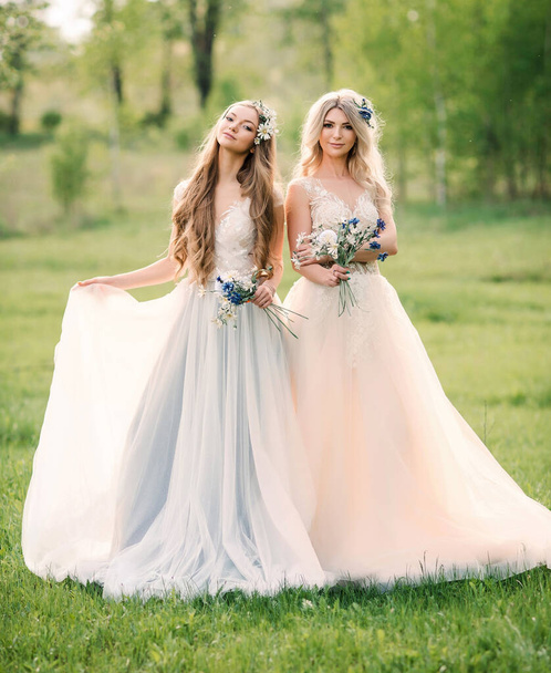 Two beautiful women in white wedding dresses with flowers in their hair, with a bouquet of wild flowers on a Sunny day in a summer field - Fotó, kép
