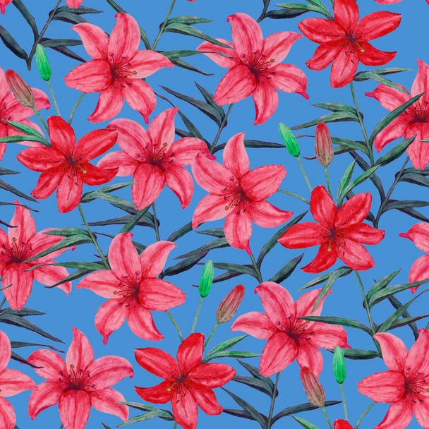 Watercolor seamless pattern with blooming lily flowers. Floral fashion art. Summer greeting card. - 写真・画像