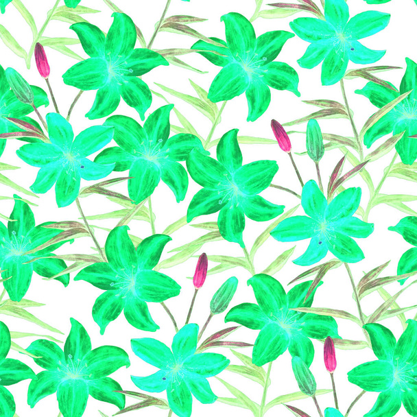 Watercolor seamless pattern with blooming lily flowers. Floral fashion art. Summer greeting card. - Foto, afbeelding