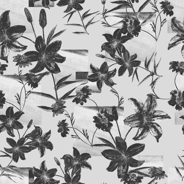 Watercolor seamless pattern with lily flowers on geometric background. Floral fashion art. Surface design. - Foto, afbeelding