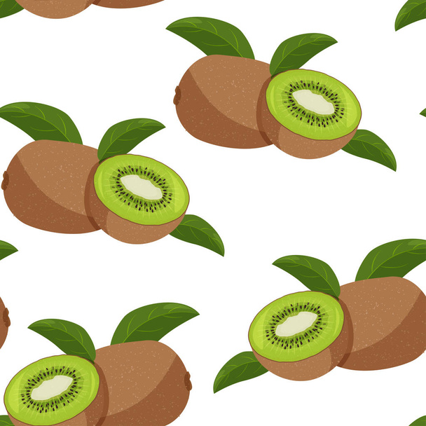 Patrón sin costuras de verano. Fruta kiwi fresca con hojas verdes de fondo
. - Vector, imagen