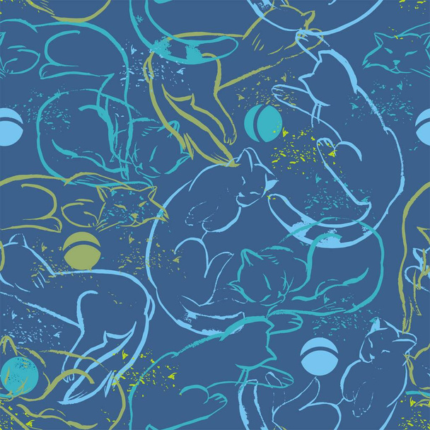 Cats playing is hand-drawn sketch in beige and blue a seamless pattern on a blue background. - Vector, Image