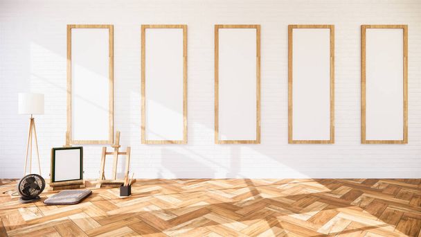 Empty - Salón de ladrillo blanco pared de estilo Loft Diseño Interior. Rendimiento 3D - Foto, Imagen