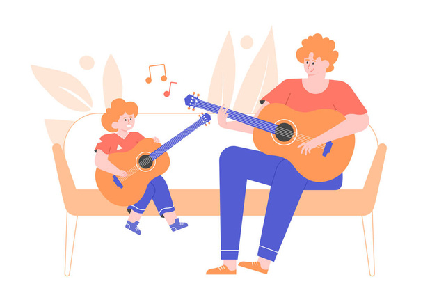 Урок игры на гитаре. Отец и сын
  - Вектор,изображение