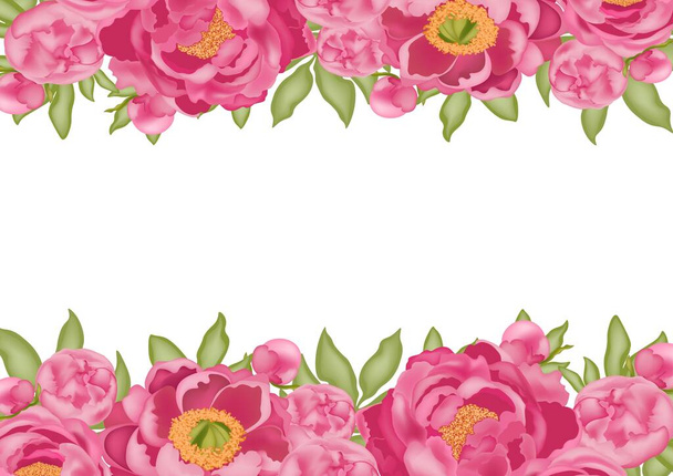Horizontal background with pink peonies and green leaves with 3D effect on a white background isolated, stock vector illustration, for design and decoration, with place for text, postcard, banner - Vector, Image