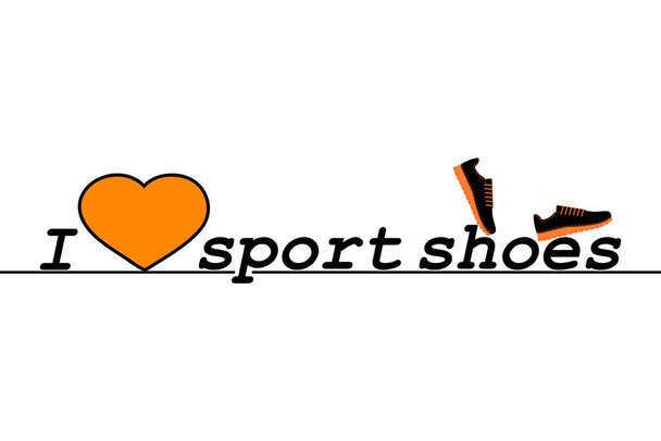 I love sport shoes. Text, slogan. A pair of sneakers, gym shoes and a heart. Isolated vector illustration on white background. Flat style. - Vecteur, image